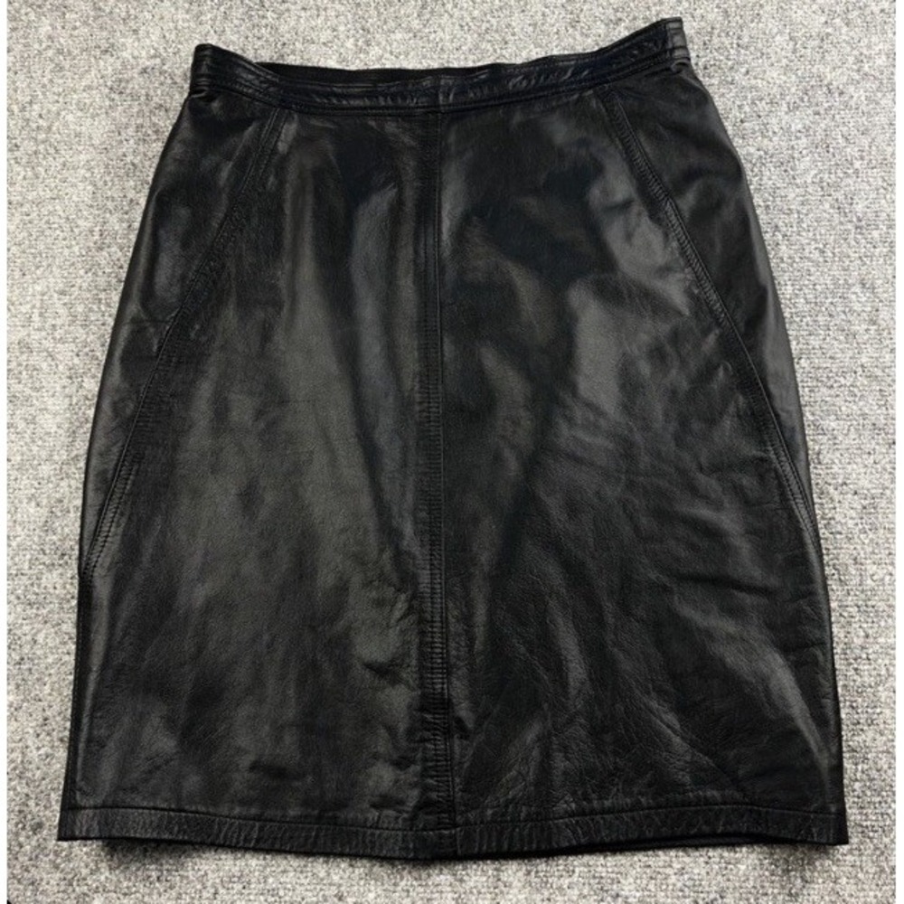 Vintage 80s Tarazzia Black Leather Mini Pencil Skirt Juniors 13/14 Women M 30x22
